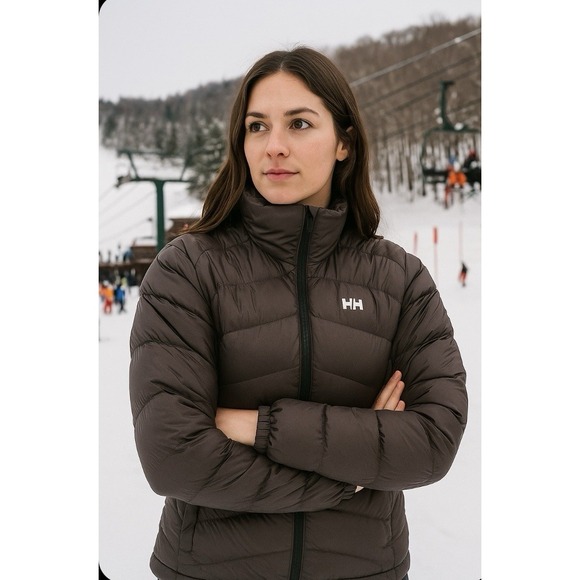 HELLY HANSEN Jacket Women's L  Brown  Duck Down Parka Coat Ski  Puffer New - Picture 1 of 12